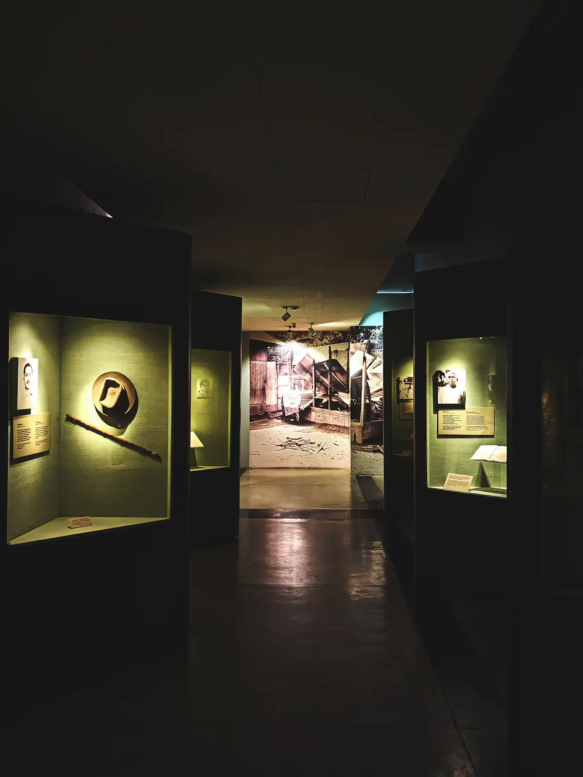 A dimly lit museum corridor with illuminated display cases set into the walls on both sides