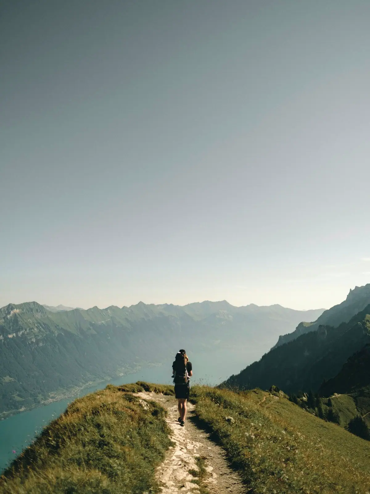 A hiker with a large pack standing on a rocky summit looking out over forested ridges