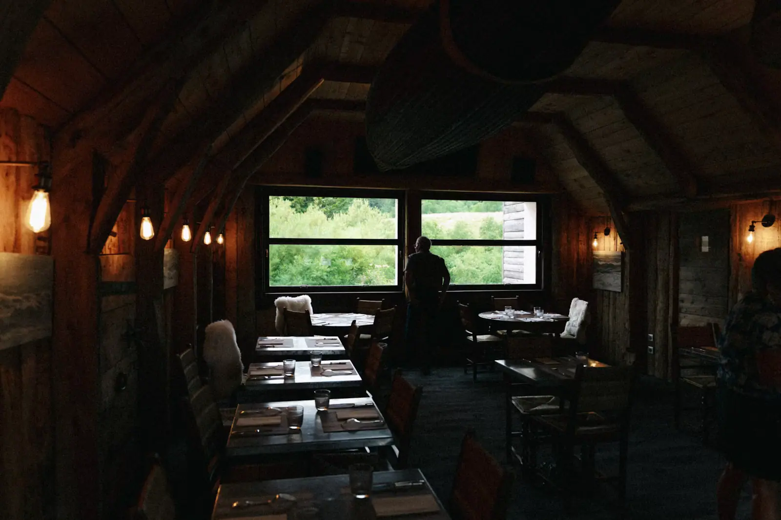 A dining room lined in old timber with a canoe hung under the pitched ceiling and windows looking out onto green woods